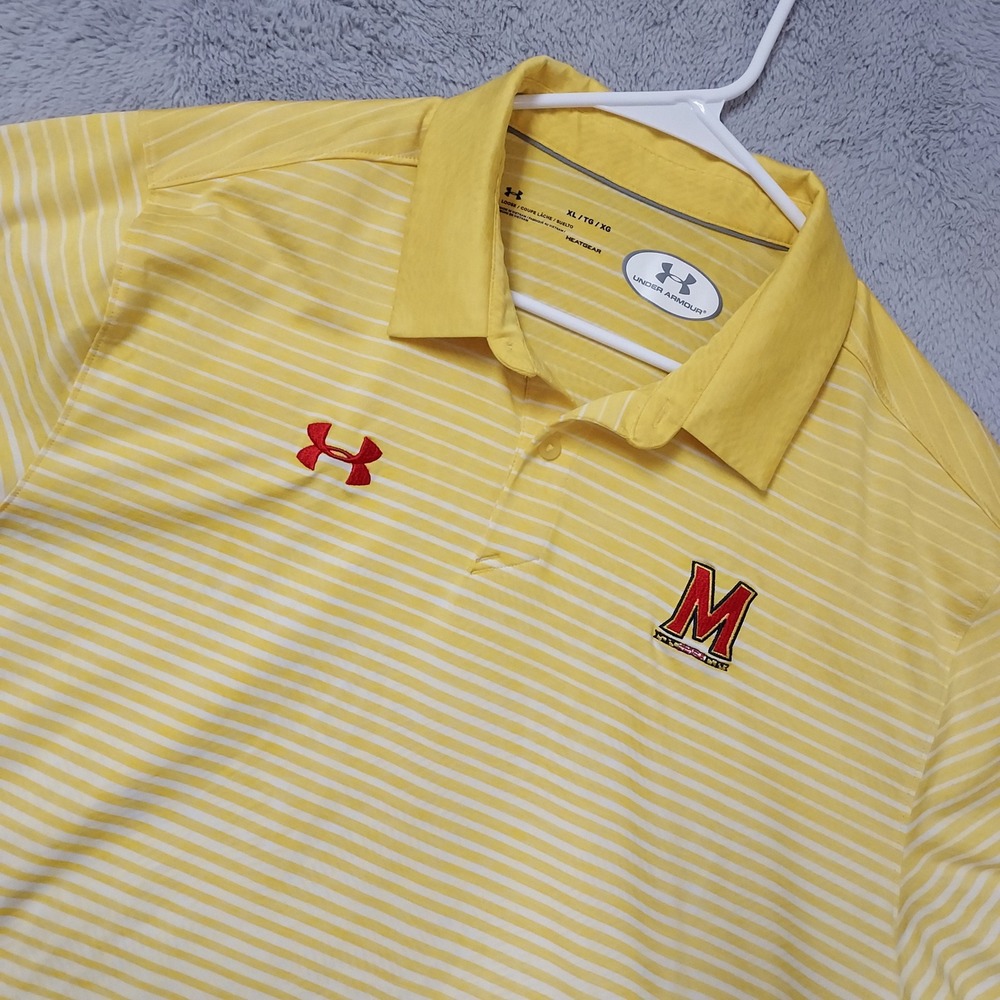 Maryland TerrapinPolo Shirt Mens XL Under Armour Heatgear NCAA Striped Yellow